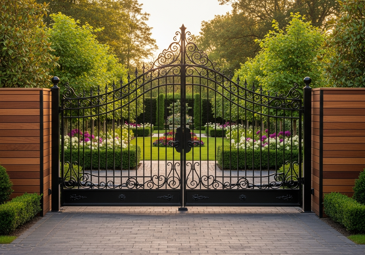 Ornamental iron gate with slatted fence panels